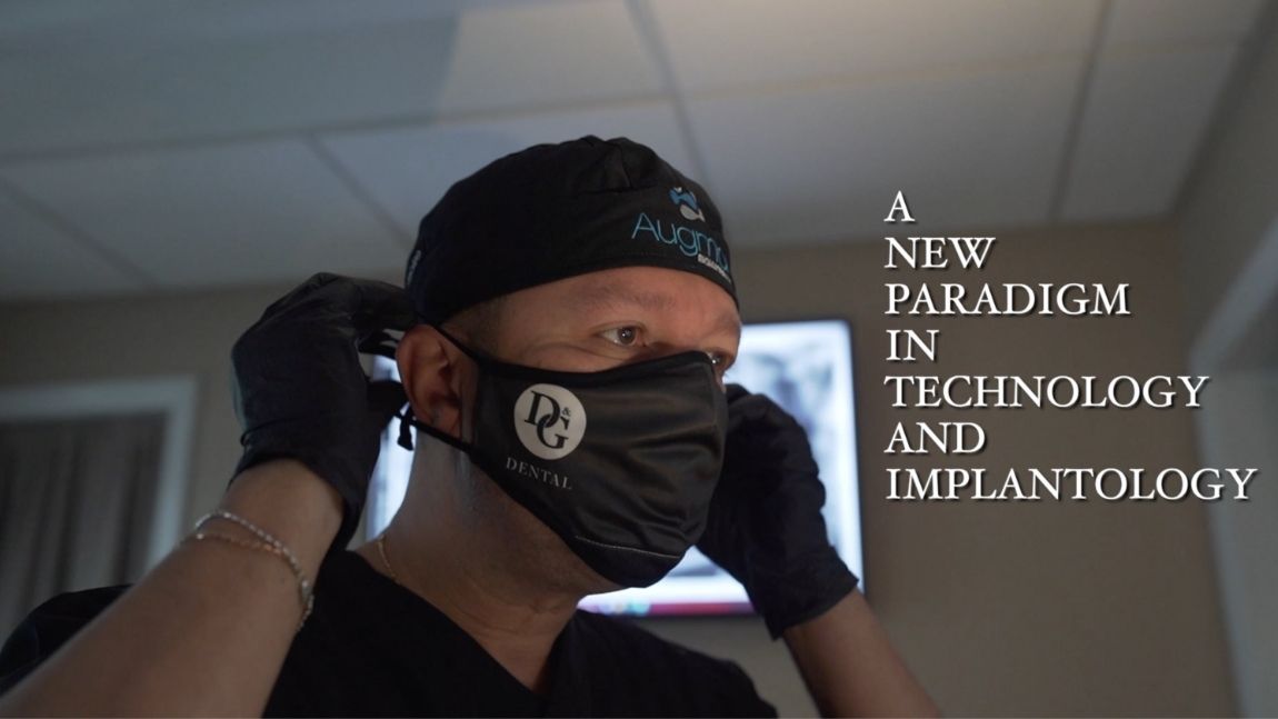 West Orange dentist wearing face mask next to text that says a new paradigm in technology and implantology